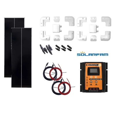 Standard szolár, napelem csomag lakókocsihoz vagy lakóautóhoz, mono, 200W, PWM, Solarfam Standard szolár, napelem csomag lakókocsihoz vagy lakóautóhoz, mono, 200W, PWM, Solarfam